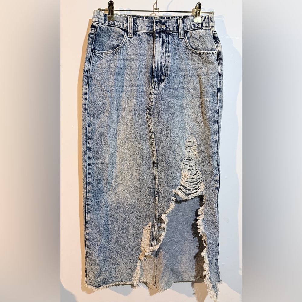 Distressed Denim Maxi Skirt
